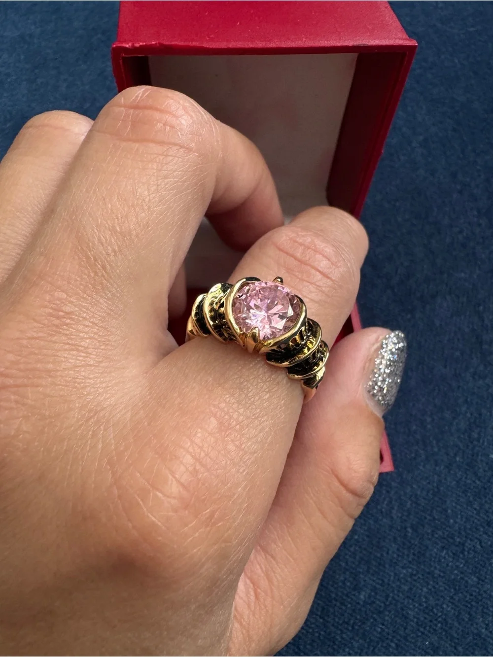 Stunning gold tone with pink stone cocktail Ring size 7